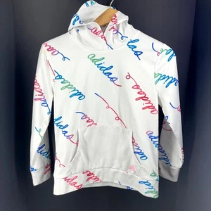Adidas Kids White Hooded Sweatshirt With Multicolor Logo Script Print L/G (14) 1 - Picture 1 of 5