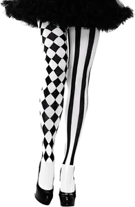 Strumpfhose Harlekin Schwarz Weiß Damen gestreift Karomuster Overknees Fasching - Bild 1 von 14