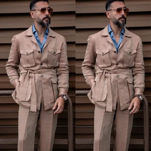 Trajes caqui lisos para hombre ropa de verano al aire libre 2 piezas chaquetas de safari para hombre con cinturón - Imagen 1 de 17