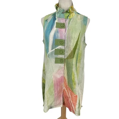 Claire Desjardins 100% Linen Abstract Sleeveless Mandarin Collar Vest Top M - Image 1 of 4