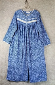 Eileen West Long Sleeve Flannel Nightgown Womens Large Blue Floral Pintuck Lace - Picture 1 of 14
