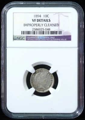 1894 Barber Dime NGC VF Details Cleaned - Image 1 of 3
