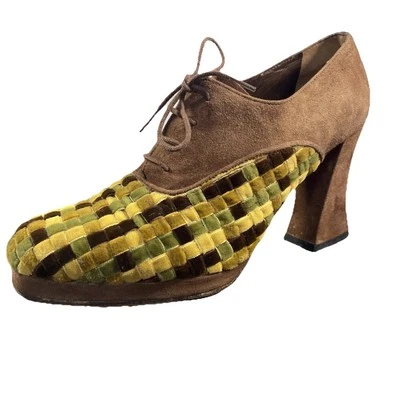 BOHO Stephane Kelian Brown Suede and Colorblock Latticed Velvet Shoes Mid-Heel - Image 1 of 4