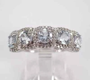 2.20Ct Round Cut Lab-Created Aquamarine Halo Band Ring 14K White Gold Plated - Picture 1 of 14