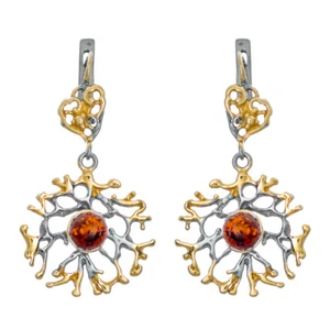 Awesome Genuine Baltic Amber Earrings Rhodium Gilded Silver Cognac Color - Picture 1 of 2