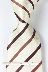 New Classic Striped Beige Brown JACQUARD WOVEN 100% Silk Men's Necktie Tie - Picture 1 of 6