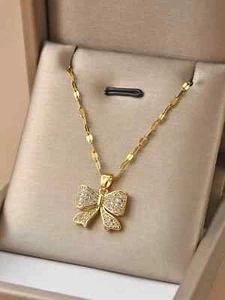 Collana con ciondolo fiocco strass pieno acciaio inox gioielli donna - Foto 1 di 8