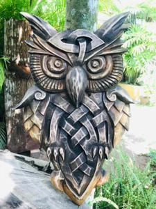 Hand Carved Celtic Knot Design Wooden Owl Sculpture - Sri Lankan Handcraft - Picture 1 of 4