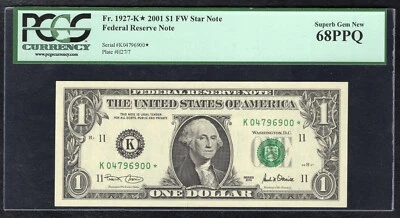 FR. 1927-K* 2001 $1 FW *STAR* FRN DALLAS, TX PCGS SUPERB GEM UNCIRCULATED-68PPQ - Image 1 of 2