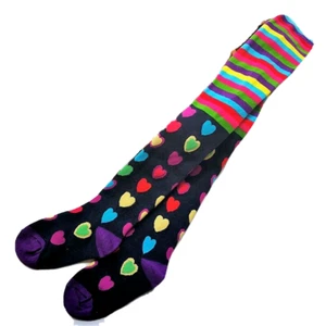 NWT Girls 2-3, 4-6, 7-8 NAVY BLUE MULTI-BRIGHT HEARTS & STRIPES TIGHTS - Picture 1 of 3