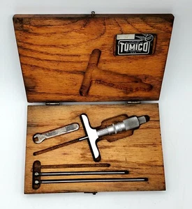 Tumico Depth Micrometer Set .001" Grad, 0-3" Range, 2 ½" Base in Wood Case – USA - Picture 1 of 14