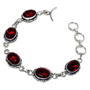 Garnet Gemstone 925 Sterling Silver Bracelet 7-8" c369 - Picture 1 of 5