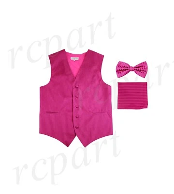 New Men's Tuxedo Vest Vertical Stripes Bowtie Hankie set prom party hot pink - Image 1 of 4