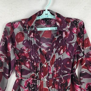 Daisy Fuentes Woman Top Small Purple Gray Button Up Flower Print Pleats Career - Picture 1 of 10