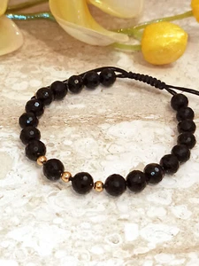 UNIQUE Graduation Bracelet Gift Black Tourmaline Gemstone 18k GOLD Jewelry HMADE - Picture 1 of 12