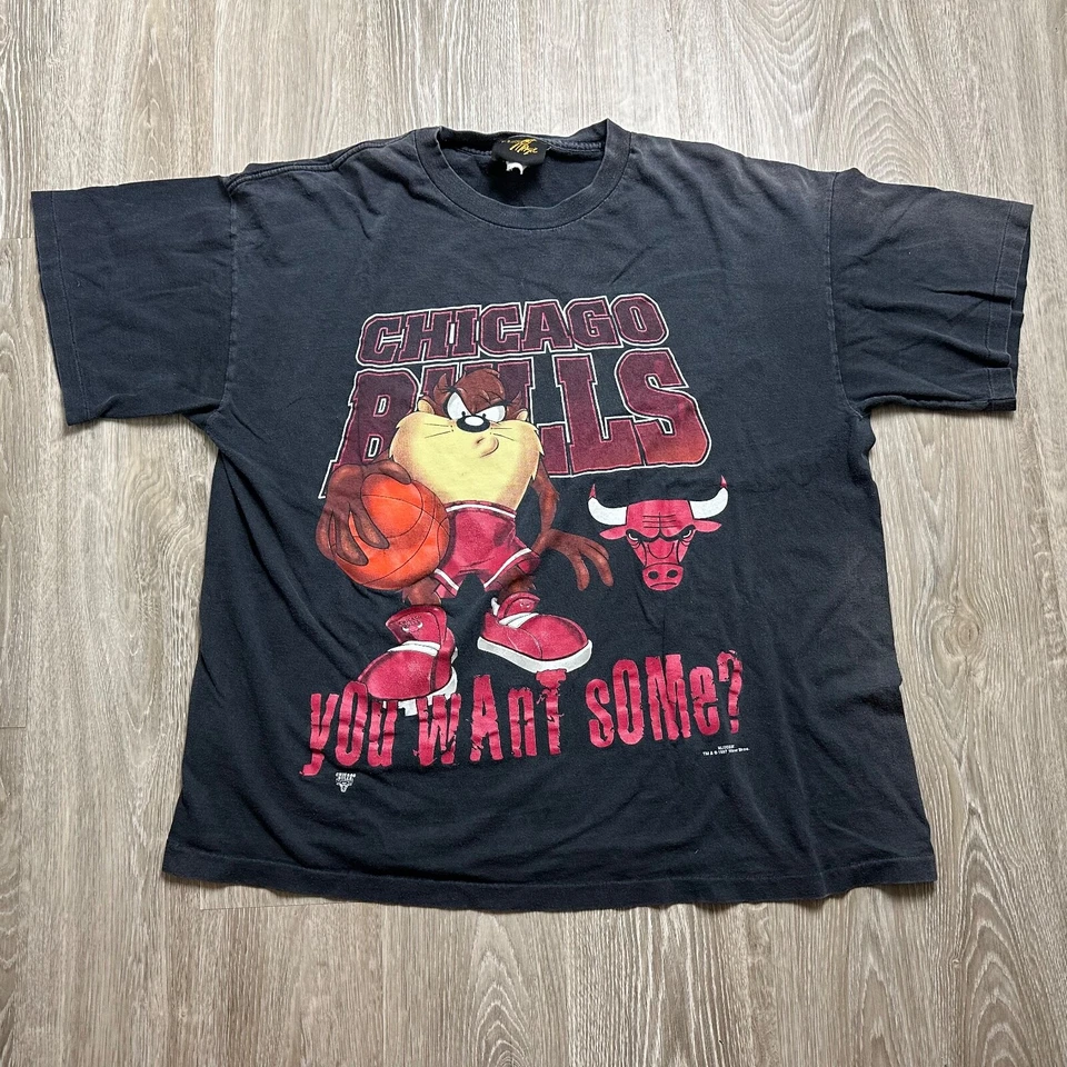 NBA Chicago Bulls 1997 Taz Looney Tunes Black Red Vintage Graphic T-Shirt Tee - Image 1 of 4