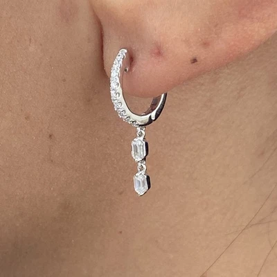 Diamond Hoop Earrings Round & Emerald E-F VS1 0.55 Ct Lab created 14k White Gold - Image 1 of 4