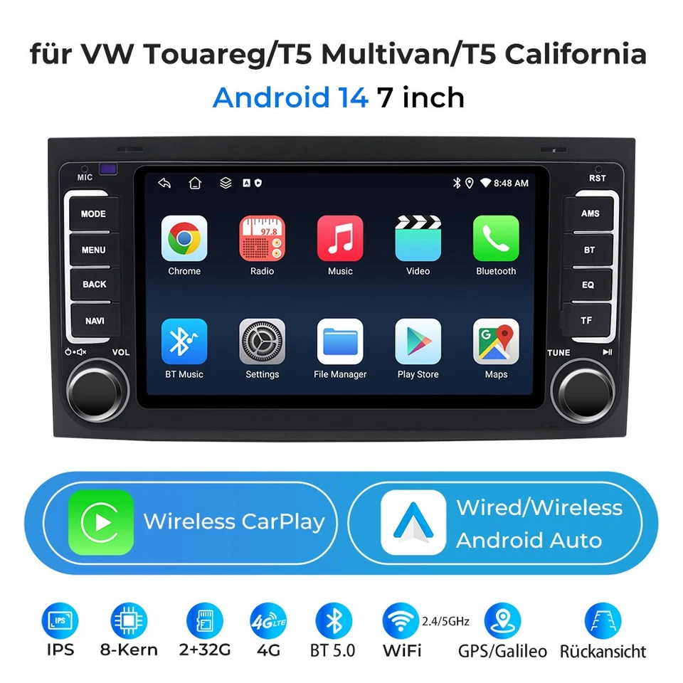 7" CarPlay für T5 Multivan VW Touareg Autoradio GPS Navigation BT 8 Core 2+32G - Bild 1 von 4