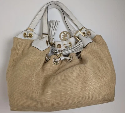 Michael Kors Straw Leather Tote Shoulder Bag White Trim Gold Hardware MK Logo - Image 1 of 4