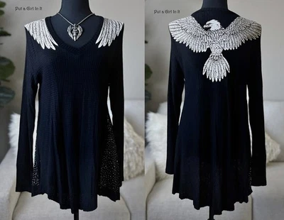 New VOCAL PLUS SIZE Womens BLACK CRYSTAL WINGS TUNIC SHIRT S M L XL 1X 2X 3X Y2K - Image 1 of 4