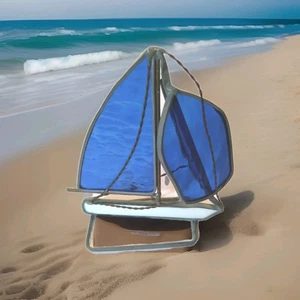 Stained Glass Sailboat 3D Free Standing 6 Inches White with Blue Sails - Picture 1 of 3