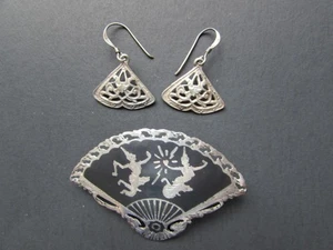 Vtg Sterling Silver Siam Niello Mekkala Goddess Brooch & Earrings - Picture 1 of 1