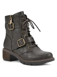 WHITE MOUNTAIN Womens Brown Buckled Strap Laceup Crank Almond Moto 5 M - Picture 1 of 11