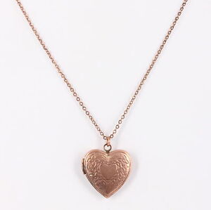 COPPER & BRASS ETCHED DESIGN HEART LOCKET CHAIN W/ CLEAR STONE NECKLACE 0357B