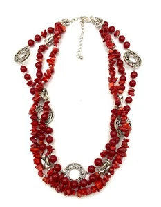 Premier Designs rote Koralle Perlen mehrere Strang Lagenlook Halskette 21" silberfarben - Bild 1 von 24