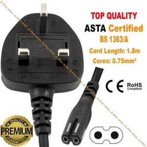 1.8m C7 Figure 8 UK 2 Pin Laptop TV LCD Mains Power Lead Cable Cord Fig8 Fuse 3A - Picture 1 of 3