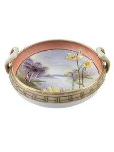 Antique Nippon Noritake Tree Swans Flowers Lake Hand Painted Handled Bowl - Picture 1 of 9