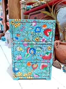 INDIAN HAND PAINTED FLORAL WOODEN 3 DRAWER CHEST - Picture 1 of 15