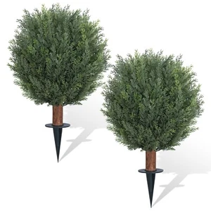 Artificial Cedar Topiary Ball Trees with Ground Spike Set of 2, 24.6inch UV-R... - Picture 1 of 6