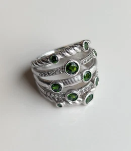 Judith Ripka - Sterling Silver Green Diopside & CZ Multi-Row Ring & Pouch - Picture 1 of 9