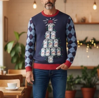 Travis Mathew Mens Medium Ugly Christmas Beer Can Tree Blue Argyle Golf Sweater - Image 1 of 4
