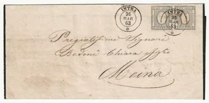 Antichi Stati (Sardegna) - Coppia 1 cent. per stampati 1861 su lettera per Meina - Picture 1 of 2