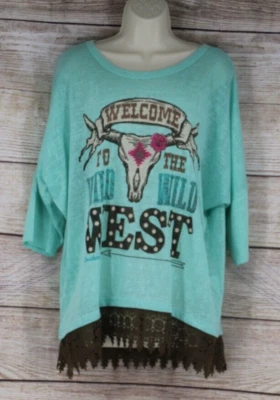 Mujer Talla M/L Pullover Burnout Top Blusa Camisa con Borde de Crochet Verde azulado Aqua Foto 1 de 4