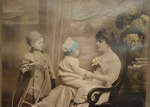 Classic Victorian "Good Counsel" Colorized Picture of Mother & Children w/Sled - Picture 1 of 12