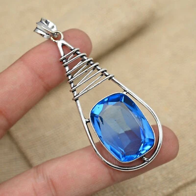 Feiner Blauer Topas Edelstein 925 Sterling Silber Handgefertigter Anhänger S-42 - Bild 1 von 4
