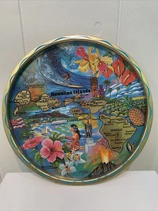 Vintage 1970s Hawaii Souvenir Round Metal Tin Tray Colorful Ken Haag Hawaiian - Picture 1 of 6