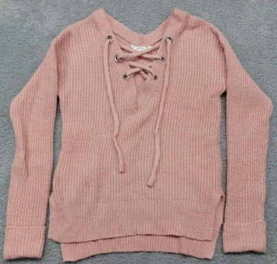 Suéter para mujer No Boundaries cuello en V rosa coral NOBO corbata delantera espalda a la escuela Foto 1 de 4