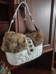 Coach Chalk Nylon & Rabbit Fur Tote Shoulder Bag Style 9443 Turn Lock Orig $368 - Picture 1 of 8
