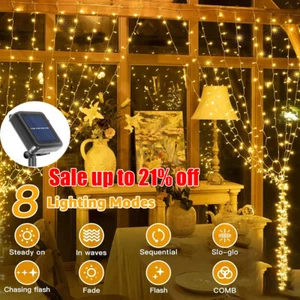 Solar Curtain Fairy String Lights Hanging Gazebo Patio Garden Waterfall Lights - Picture 1 of 23