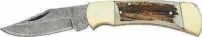 Damascus DM1019 Steel Stag Handle Straight Lockback Folding Pocket Knife Pouch