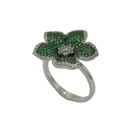 Anello fiore verde in argento 925 e pietre - Immagine 1 di 2
