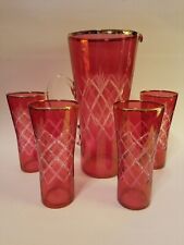 Vintage Cranberry Flashed Glass Pitcher & Glasses Tumblers Cut to Clear Diamonds