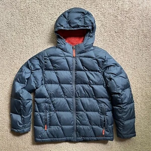 LL Bean Jacket Boys Large 14-16 Full Zip Puffer Pockets Blue Logo Down Fill - Picture 1 of 11