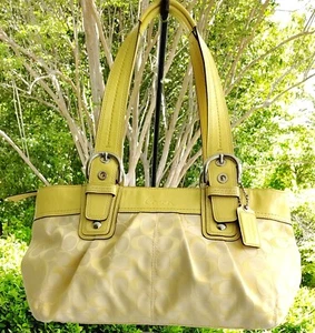 Coach LARGE F13742 Yellow Soho Y2K Signature C Canvas w/Patent Leather Trim Hobo - Picture 1 of 22