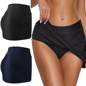 Women Pleated Swim Skirt Briefs Swimwear Elastic Mid Waist Bathing Suit 2 Color - Picture 1 of 14