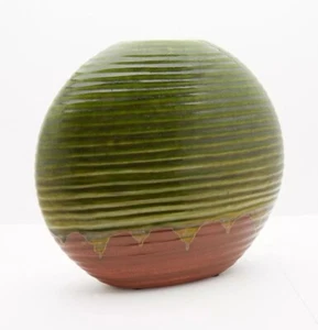 Green & Brown Vase Drip Glaze Concentric Ribbing Art Pottery 12x12x4" - Picture 1 of 5